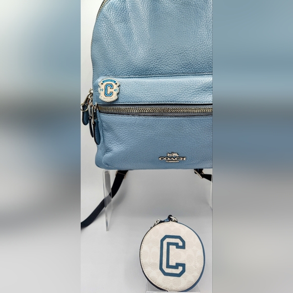 Coach woman's Campus backpack with Varsity pin & Coin Case.  Light blue. EUC - Picture 2 of 10